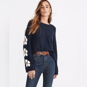 Madewell Belmore Floral-Sleeve Pullover Sweater in Coziest Textured Yarn